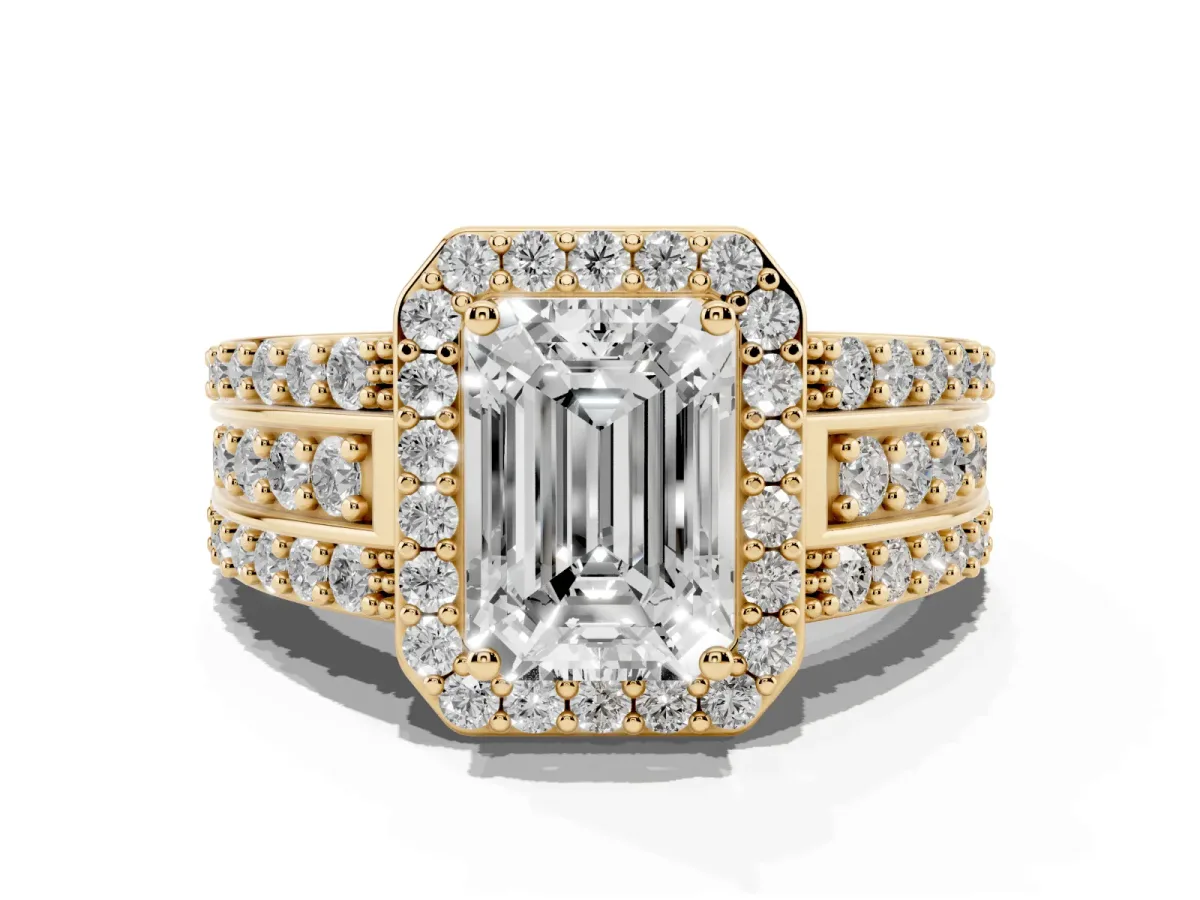 Emerald Cut Halo Diamond Ring with Round Split Shank and Prong Setting Yellow gold