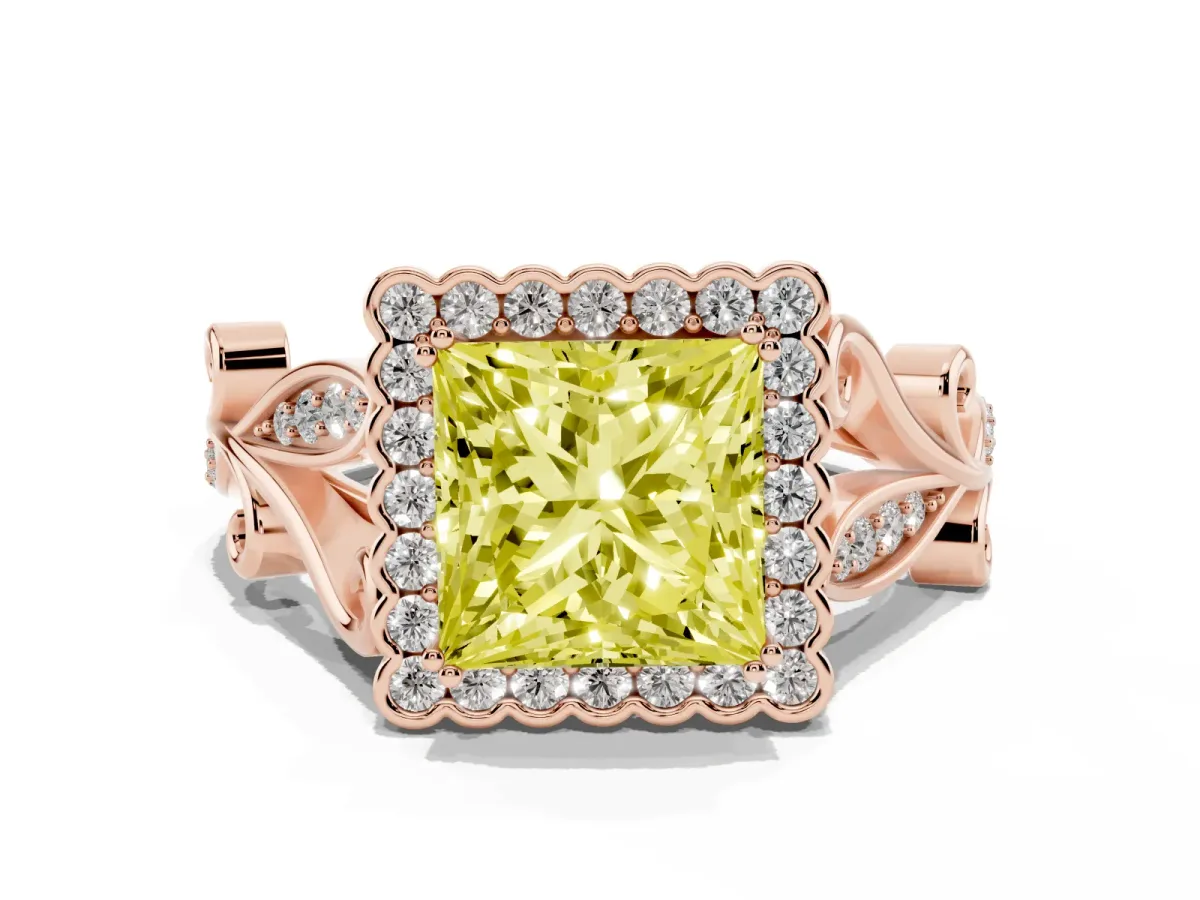 Fancy Yellow Princess Cut Diamond Halo Ring with Vintage Split Shank and Four-Prong Setting Rose gold