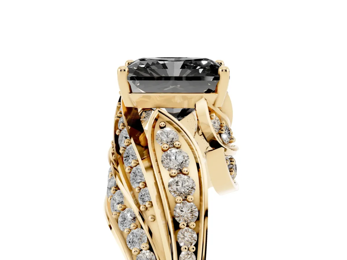 Fancy Black Radiant Cut Diamond Solitaire Ring with Prong Setting and Twisted Pavé Band Yellow gold