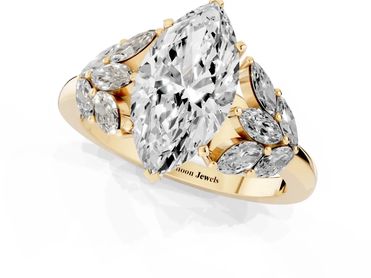 Marquise Cut Diamond Cluster Leaf Design Ring with Prong Setting Yellow gold