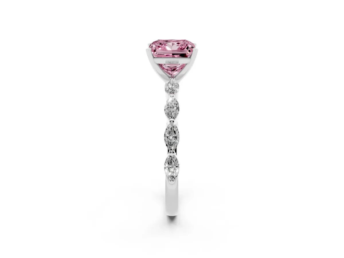 Fancy Pink Princess Cut Diamond Ring with Marquise Side Stones and Prong Setting Platinum
