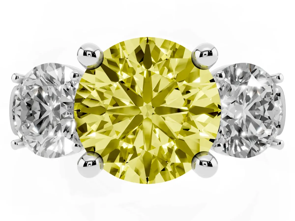 Fancy Yellow Three-Stone Round Cut Brilliant Diamond Trellis Ring with Comfort Fit Band White gold