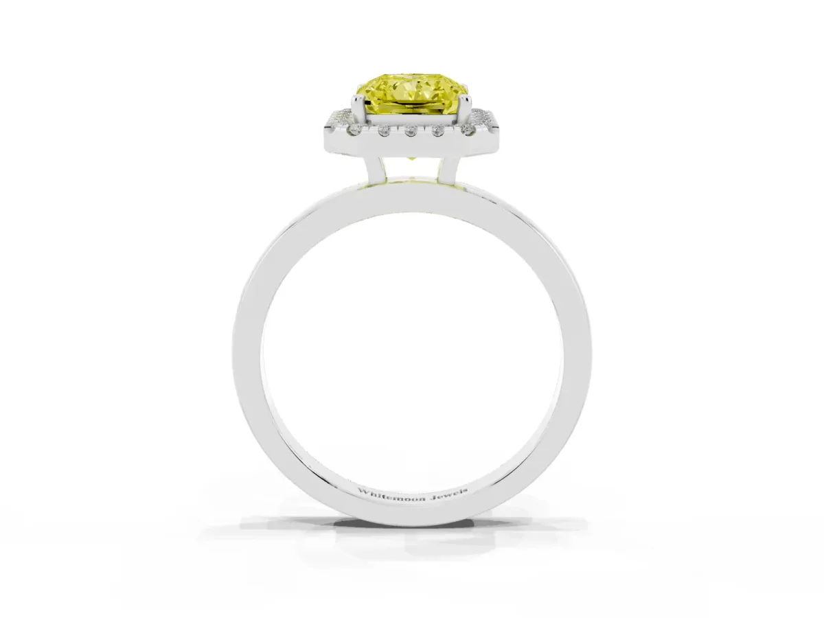 Fancy Yellow Radiant Cut Halo Diamond Solitaire with Pavé Band and Four-Prong Setting Platinum