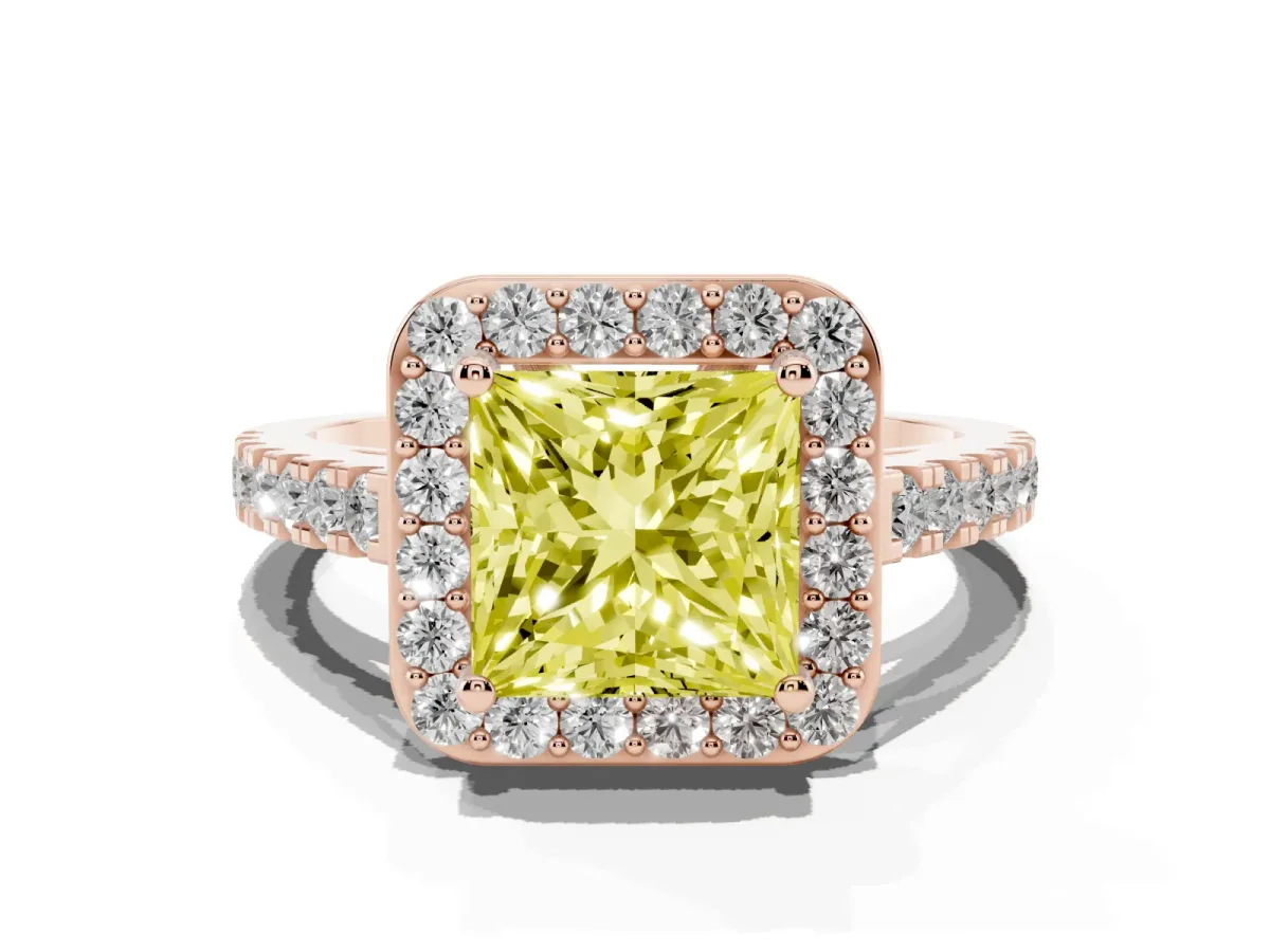 Fancy Yellow Princess Cut Diamond Halo Ring with Round Pavé Split Shank and Prong Setting Rose gold