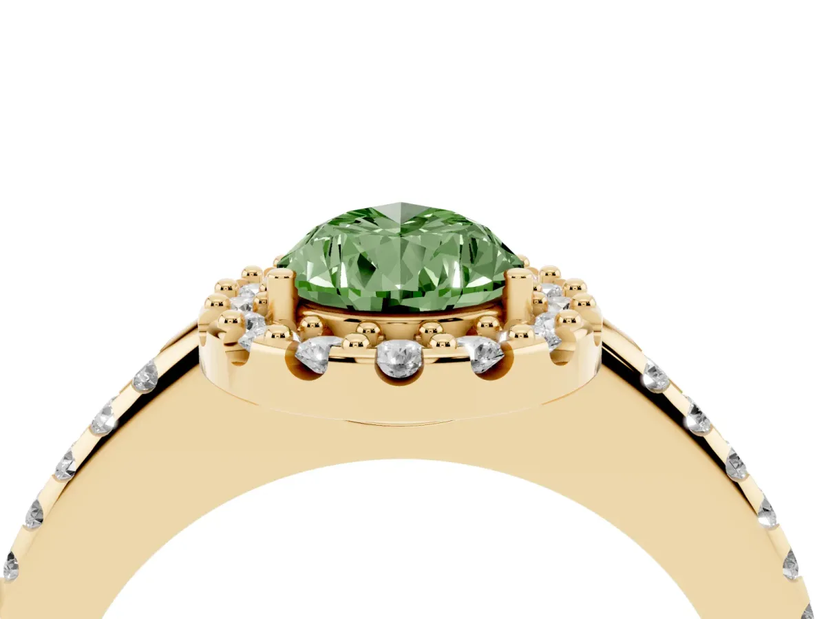 Fancy Green Pear Cut Diamond Pavé Halo Ring with Four-Prong Setting Yellow gold