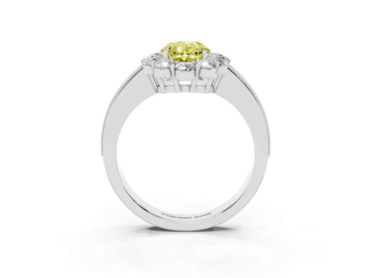 Fancy Yellow Oval Cut Cut Halo Diamond Pavé Engagement Ring with Milgrain Detailing Silver