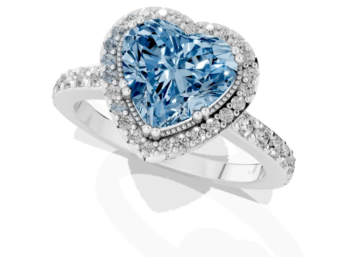 Fancy Blue Heart Cut Cut Diamond Halo Engagement Ring with Milgrain Detail and Pavé Band Platinum