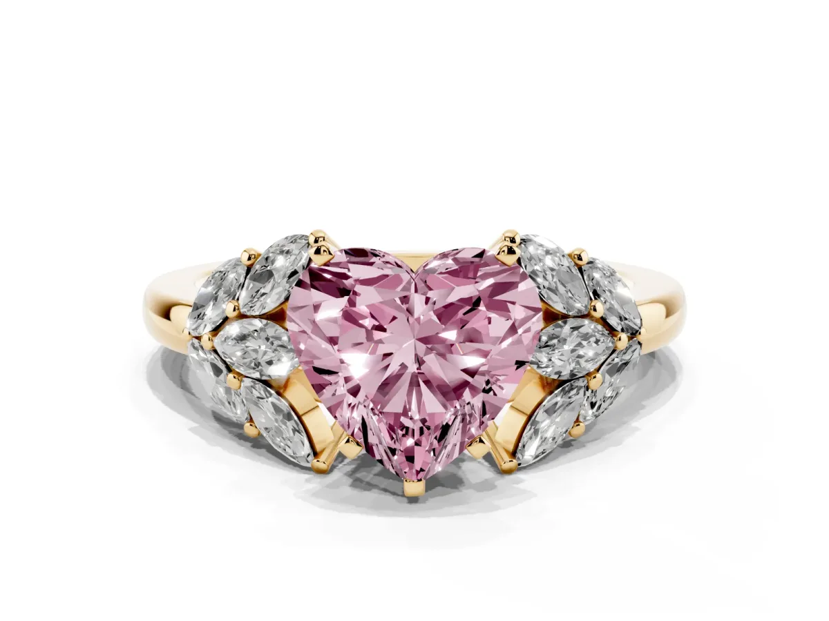 Fancy Pink Heart Cut Diamond Cluster Leaf Design Ring with Prong Setting Yellow gold