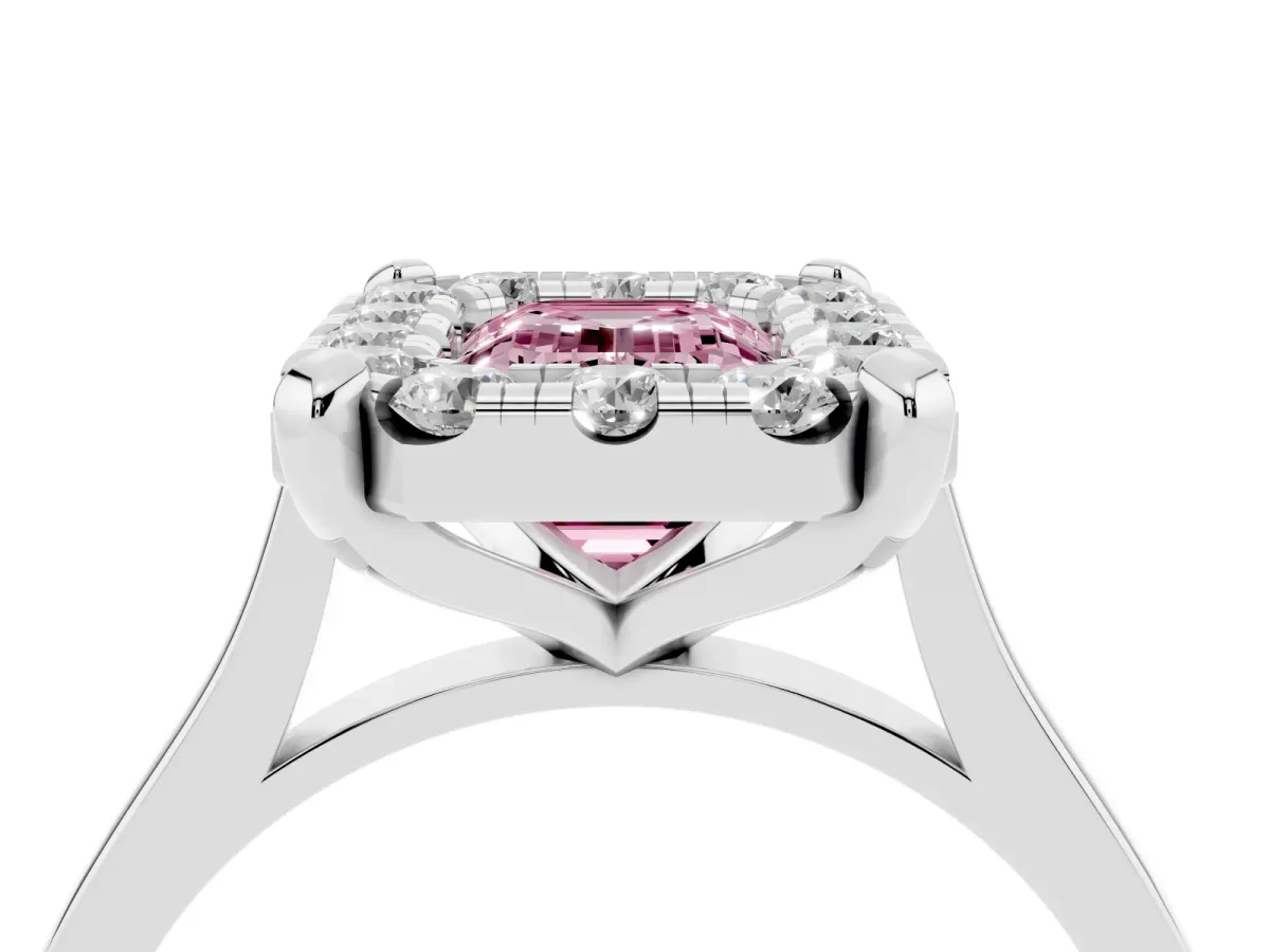Fancy Pink Emerald Cut Diamond Cluster Halo Solitaire with Four-Prong Setting Silver