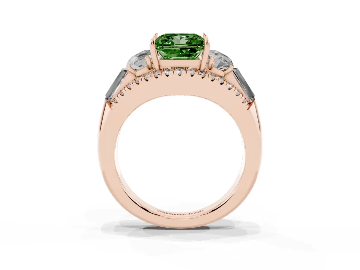 Fancy Green Three-Stone Princess Cut Diamond Engagement Ring with Pave Band and Prong Setting Rose gold