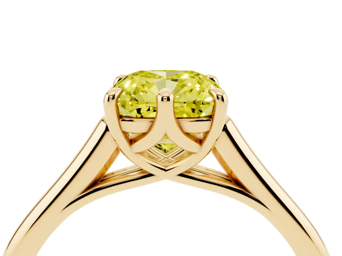 Fancy Yellow Cushion Cut Solitaire Engagement Ring with Six-Prong Setting and Classic Band Yellow gold