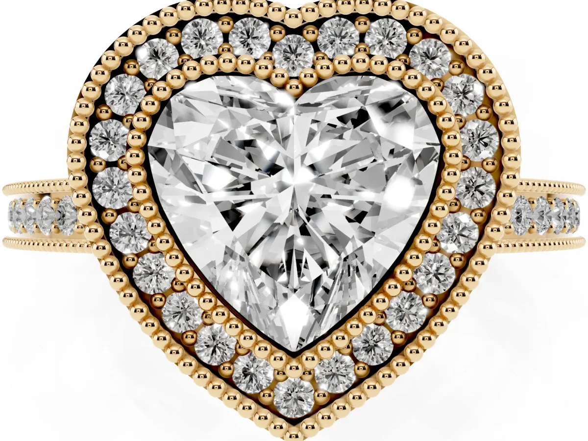 Heart Cut Cut Halo Diamond Ring with Pavé Band and Milgrain Prong Setting Yellow gold