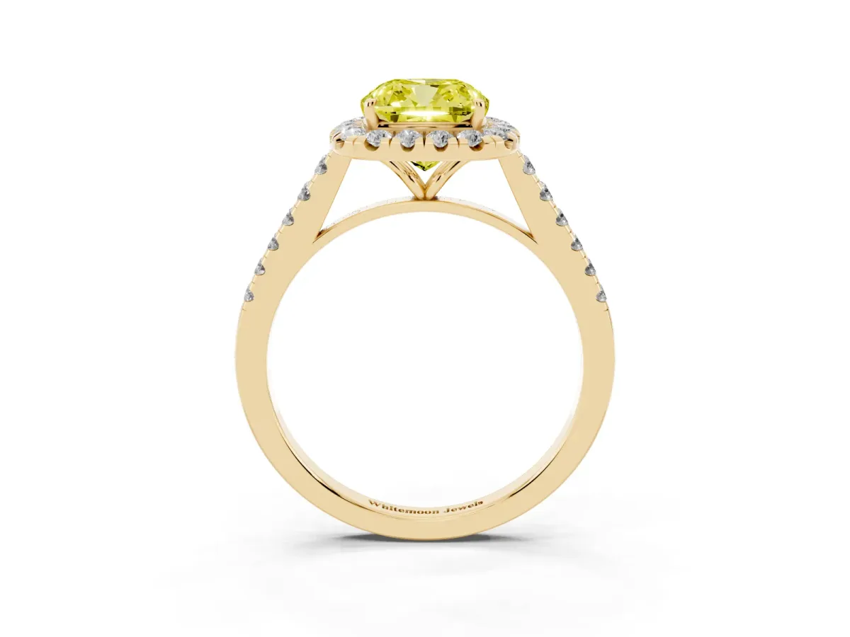 Fancy Yellow Cushion Cut Halo Pave Diamond Engagement Ring with Four-Prong Setting Yellow gold