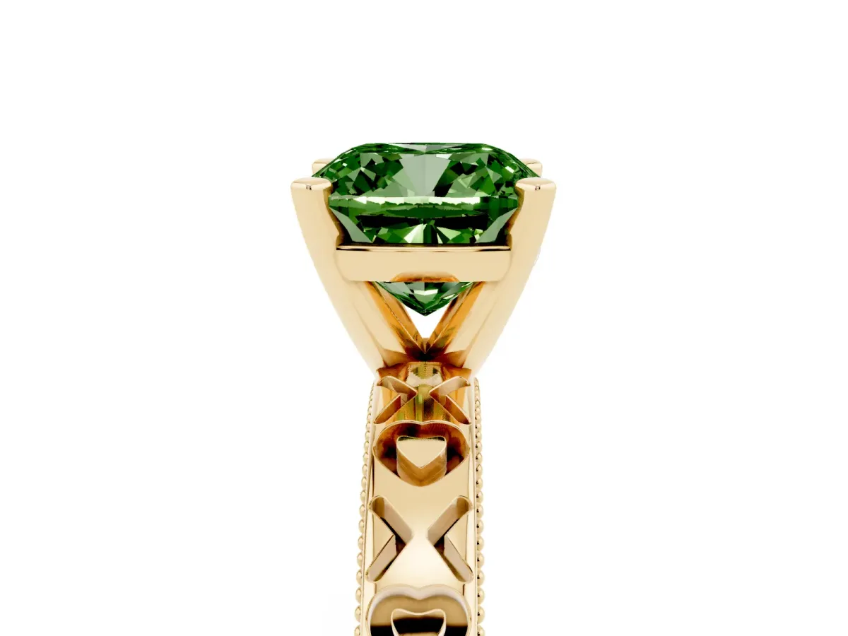 Fancy Green Cushion Cut Solitaire Diamond Engagement Ring with XO Engraved Band and Four-Prong Setting Yellow gold