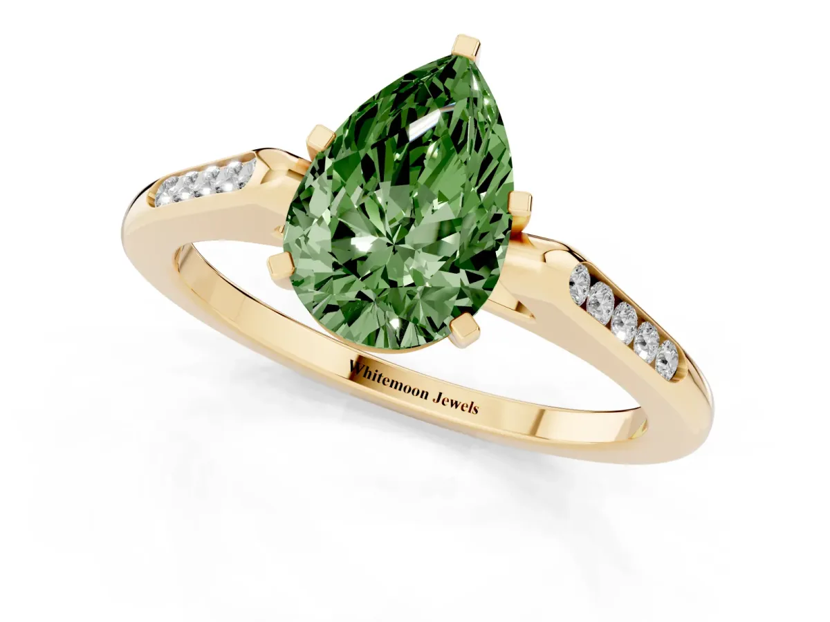 Fancy Green Pear Cut Diamond Solitaire Ring with Channel Set Round Band and Prong Setting Yellow gold