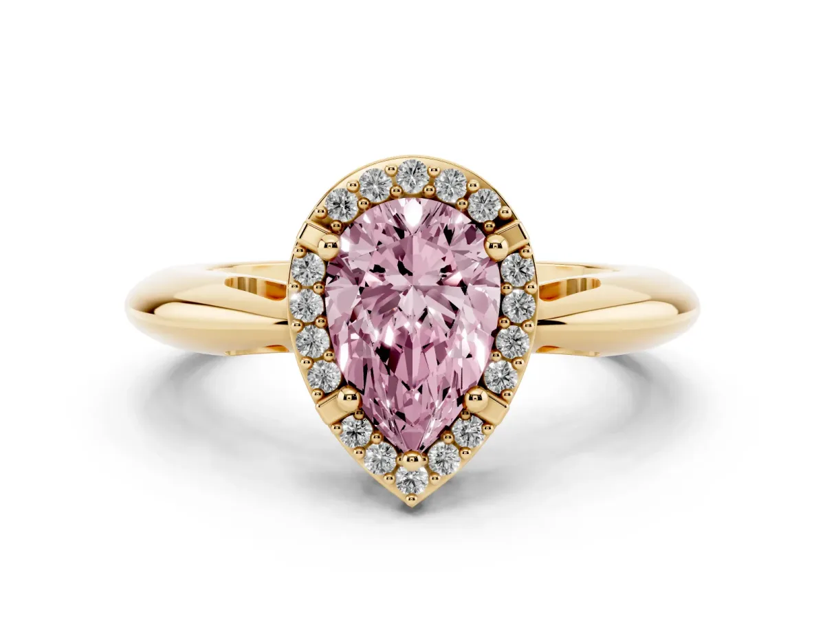 Fancy Pink Pear Cut Cut Diamond Halo Engagement Ring with Split Shank and Four-Prong Setting Yellow gold