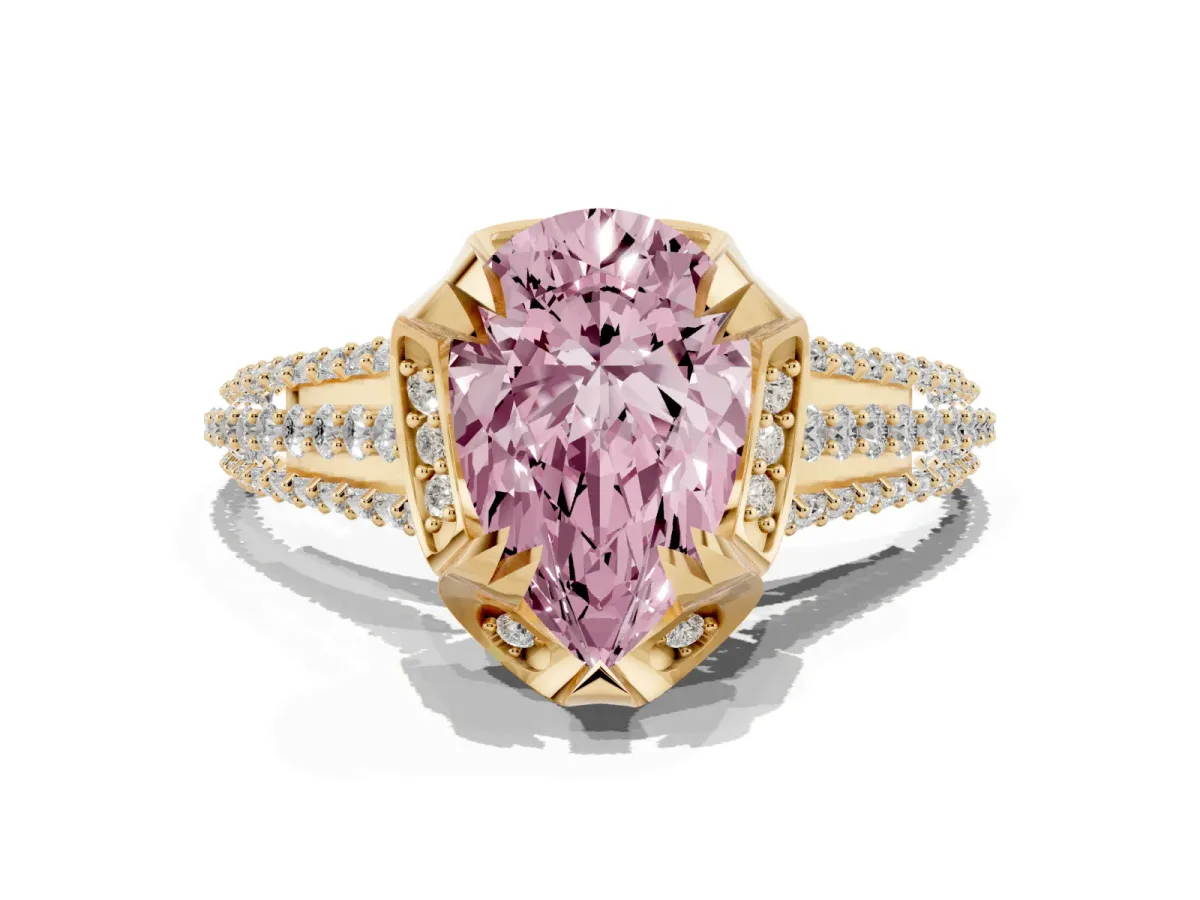 Fancy Pink Pear Cut Solitaire Pave Split Shank Ring with Four-Prong Setting Yellow gold
