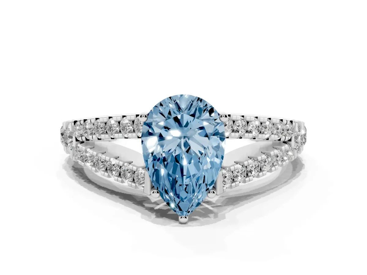 Fancy Blue Pear Cut Diamond Split Shank Pavé Engagement Ring with Four-Prong Setting White gold