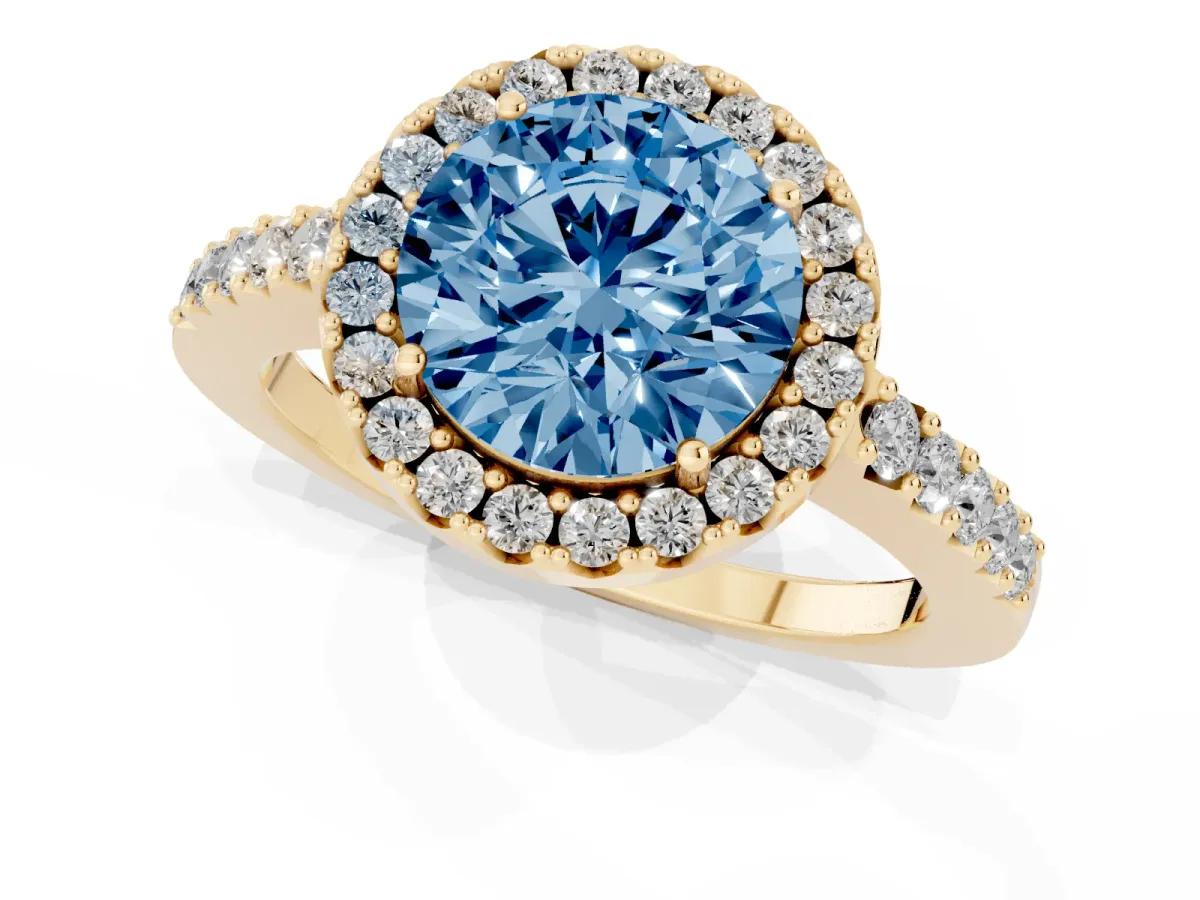 Fancy Blue Round Cut Halo Diamond Pavé Solitaire Ring Yellow gold