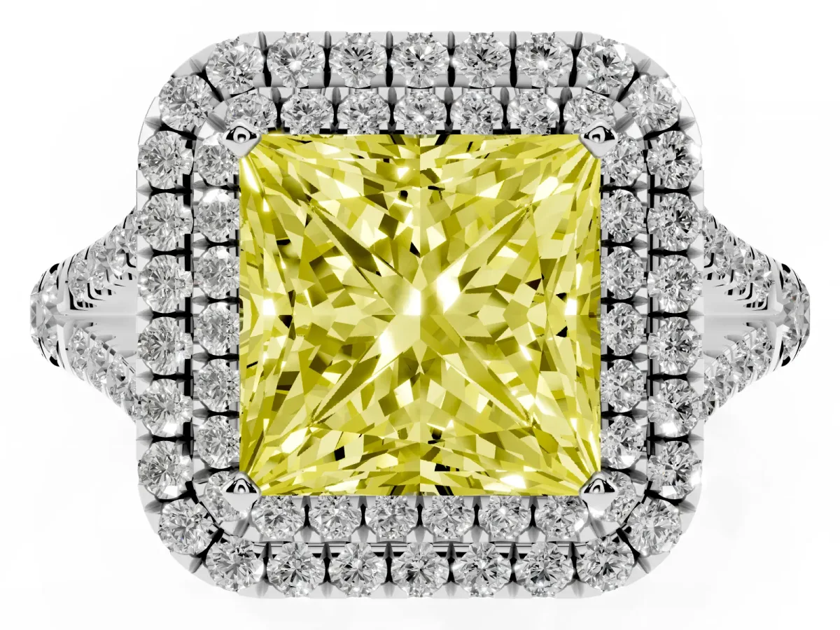 Fancy Yellow Double Halo Princess Cut Diamond Split Shank Engagement Ring with Four-Prong Setting Silver