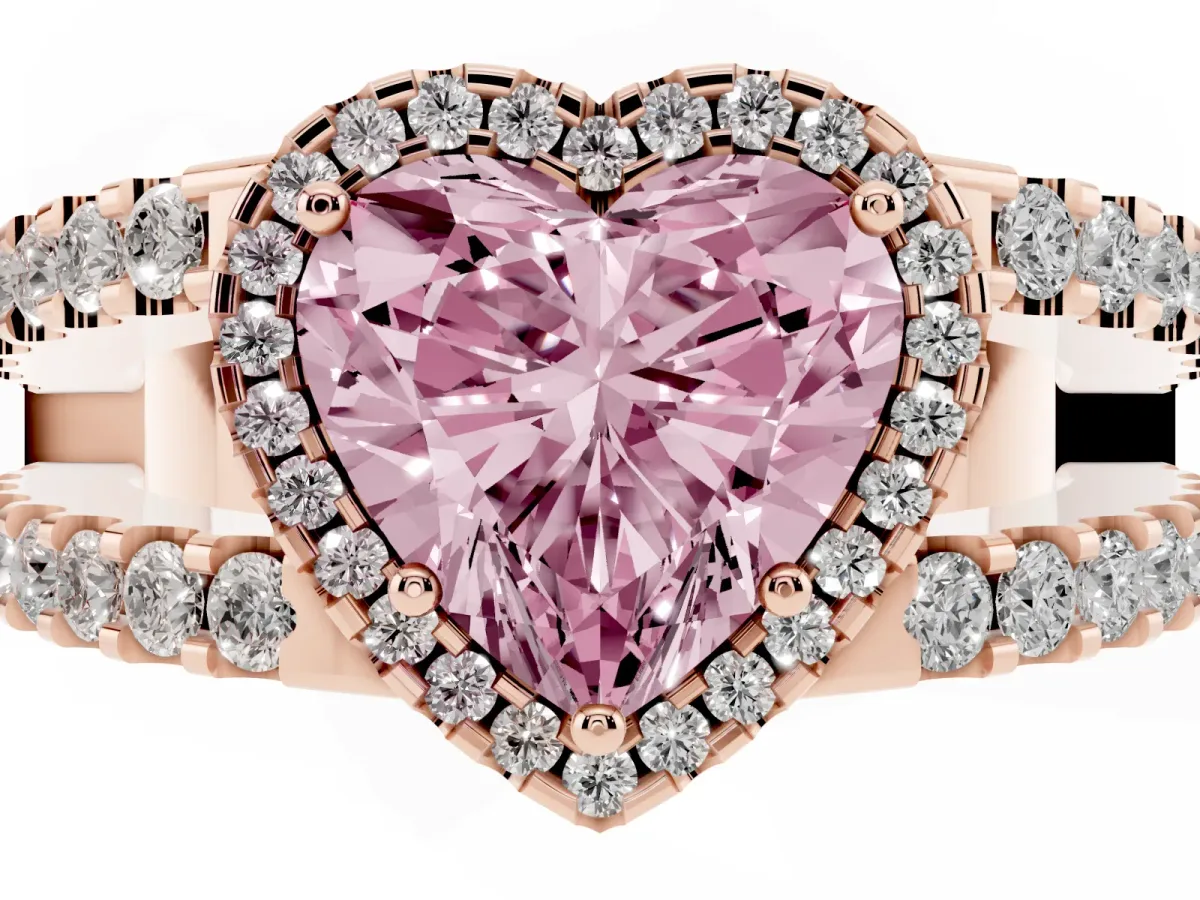Fancy Pink Heart Cut Cut Halo Split Shank Diamond Ring with Four-Prong Setting Rose gold