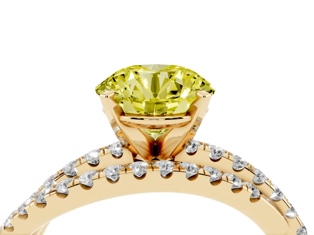 Fancy Yellow Round Cut Solitaire Twist Band with Pavé Setting and Four-Prong Setting Yellow gold