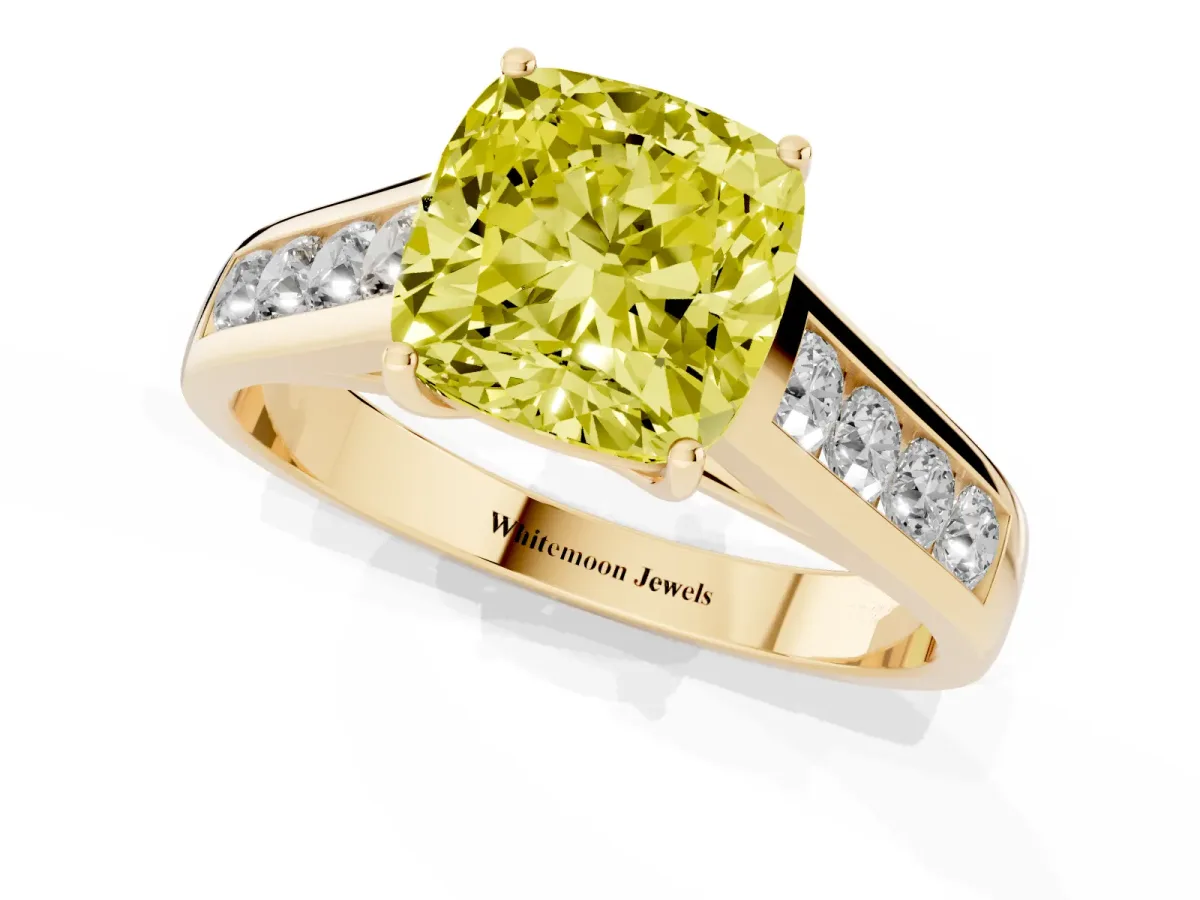 Fancy Yellow Cushion Cut Solitaire Channel-Set Diamond Engagement Ring with Four-Prong Setting Yellow gold