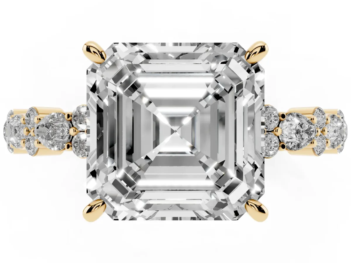 Asscher Cut Diamond Side Stone Solitaire Ring with Round and Four-Prong Setting Yellow gold