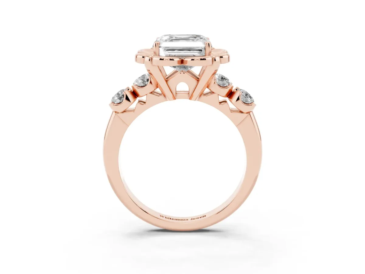 Asscher Cut Cut Diamond Floral Halo Engagement Ring with Shared Prong Setting Rose gold