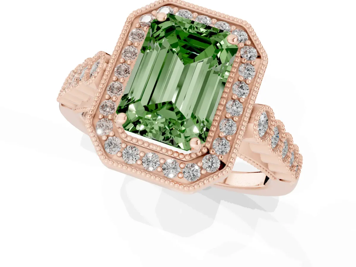Fancy Green Emerald Cut Halo Milgrain Solitaire with Bezel Set Side Stones and Pave Band Rose gold