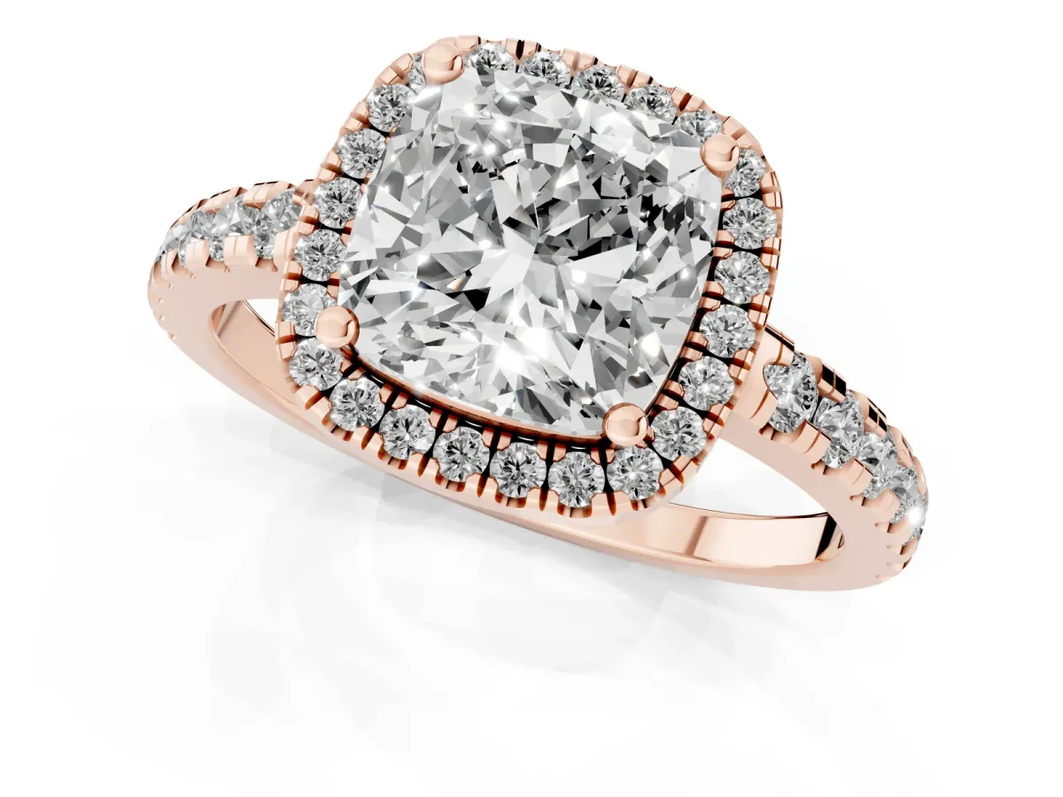Cushion Cut Diamond Halo Ring with Pavé Band and Four-Prong Setting Rose gold