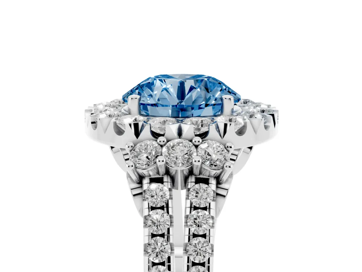 Fancy Blue Round Cut Cut Double Halo Diamond Engagement Ring with Pave Band and Four-Prong Setting Silver