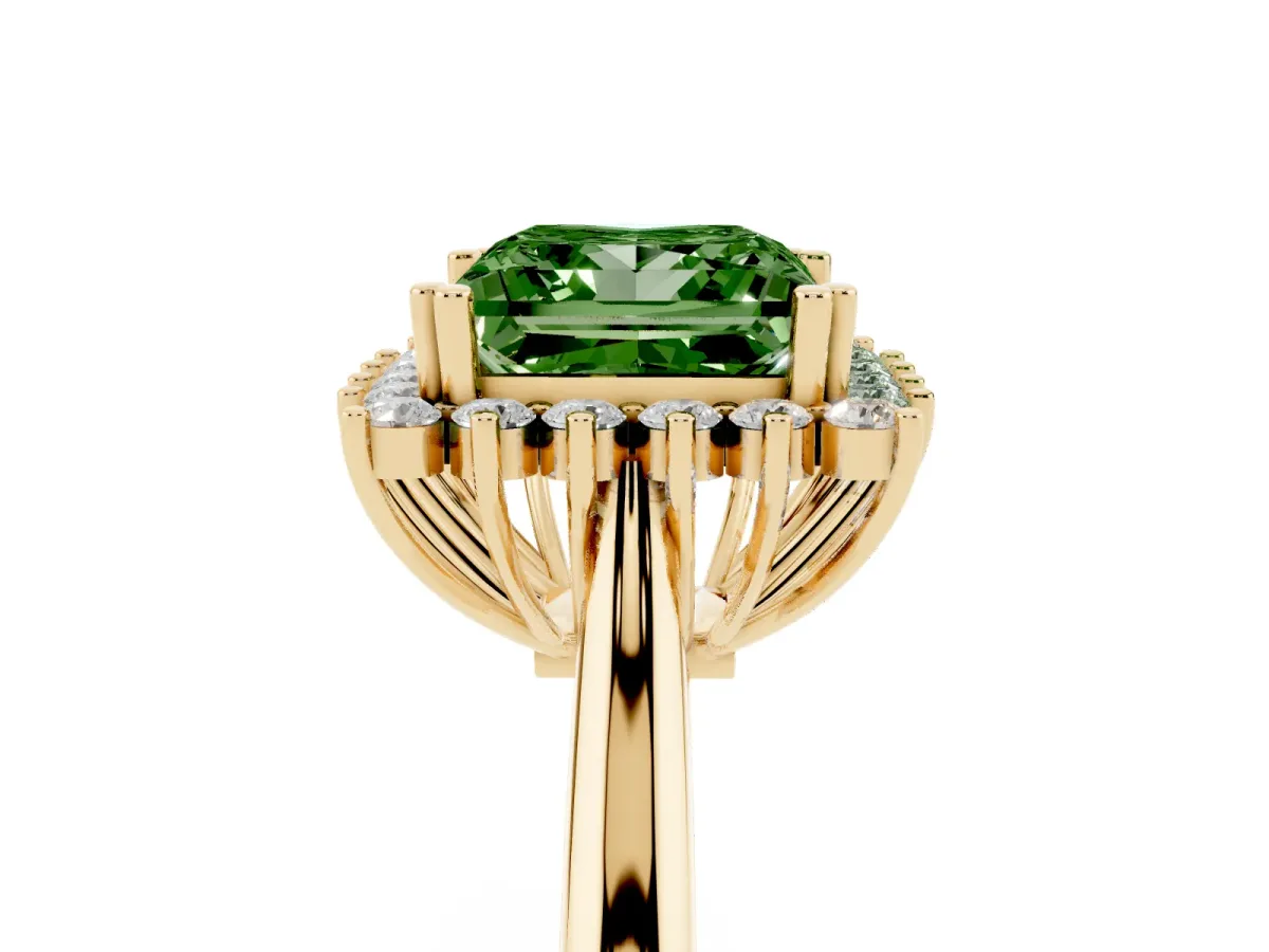 Fancy Green Princess Cut Cut Diamond Halo Ring with Solitaire Band and Prong Setting Yellow gold