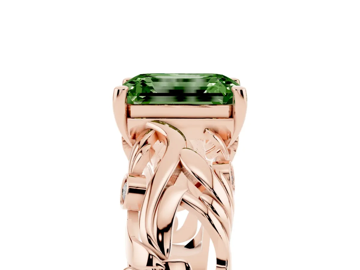 Fancy Green Emerald Cut Solitaire Diamond Leaf-Inspired Vine Band Ring with Prong Setting Rose gold