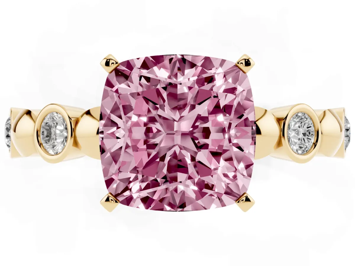 Fancy Pink Cushion Cut Solitaire Bezel-Set Diamond Ring with Beaded Band and Four-Prong Setting Yellow gold