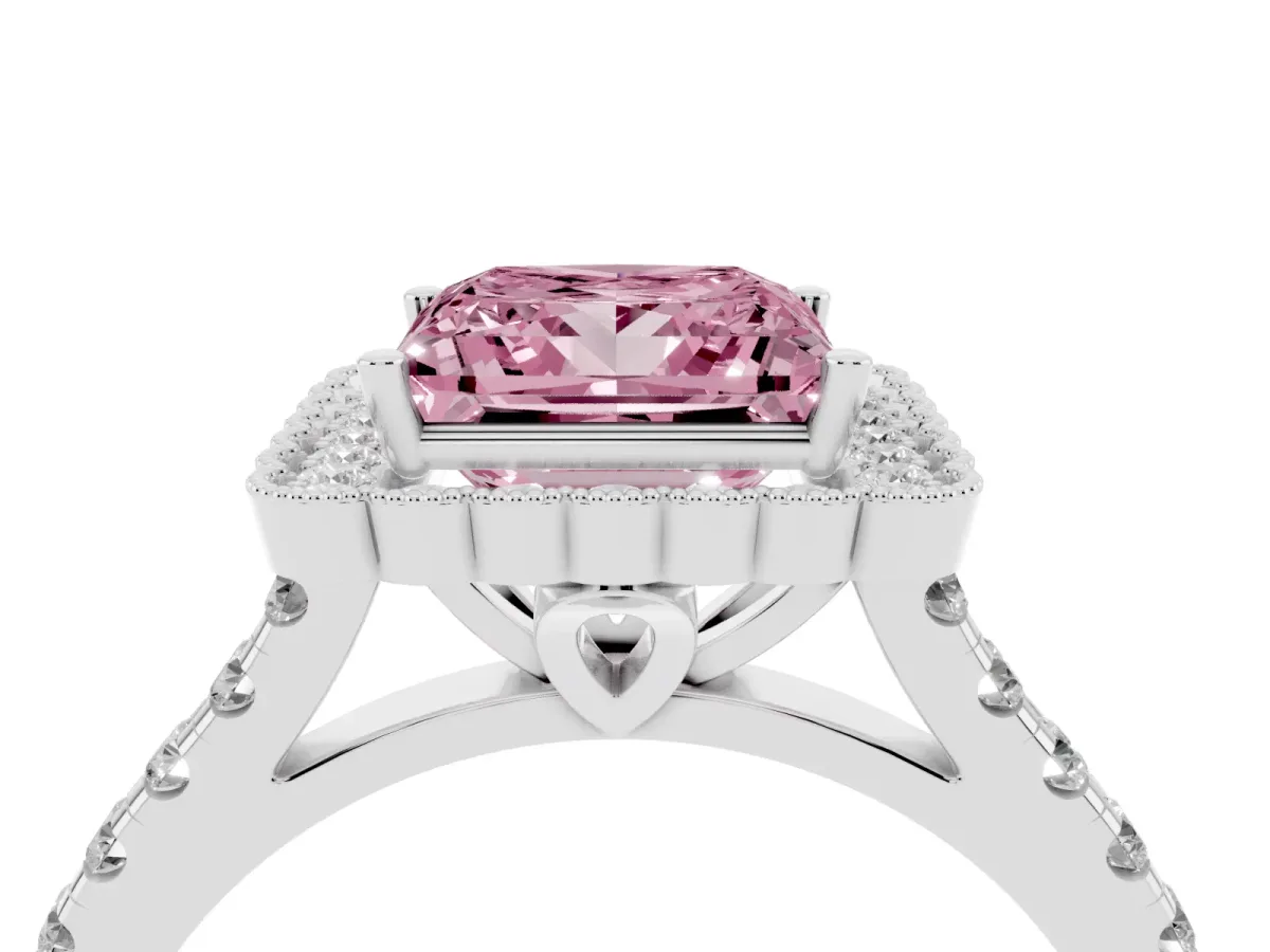 Fancy Pink Princess Cut Cut Diamond Milgrain Floral Halo Engagement Ring with Pavé Band Silver