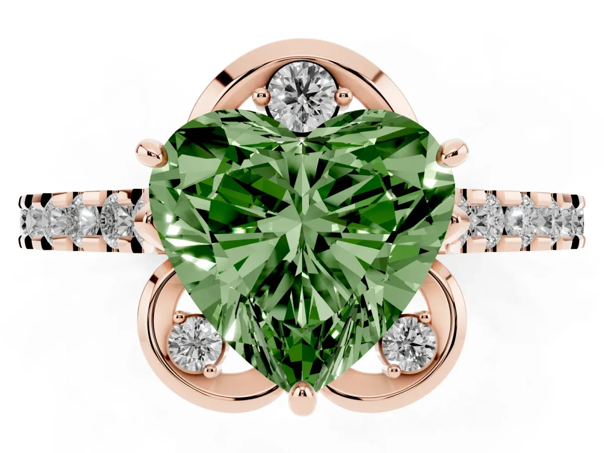 Fancy Green Heart Cut Diamond Ring with Pavé Band and Floral Prong Setting Rose gold