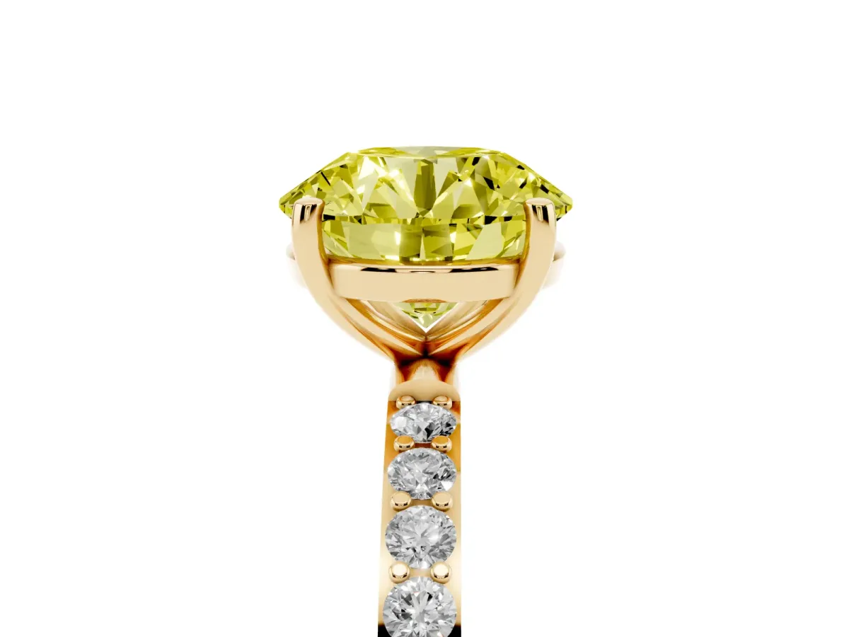 Fancy Yellow Round Cut Diamond Solitaire Ring with Round Pavé Shoulders and Prong Setting Yellow gold