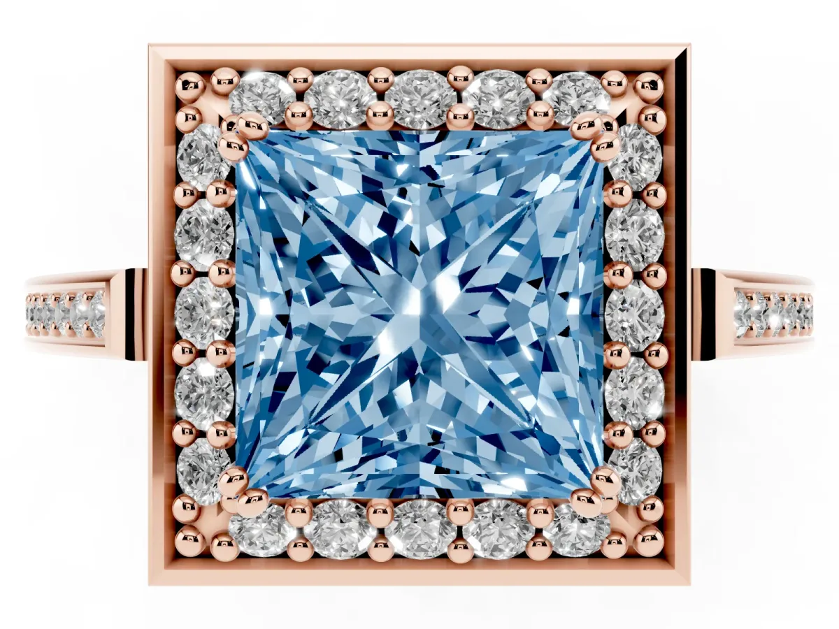 Fancy Blue Princess Cut Diamond Halo Ring with Split Shank and Four-Prong Setting Rose gold