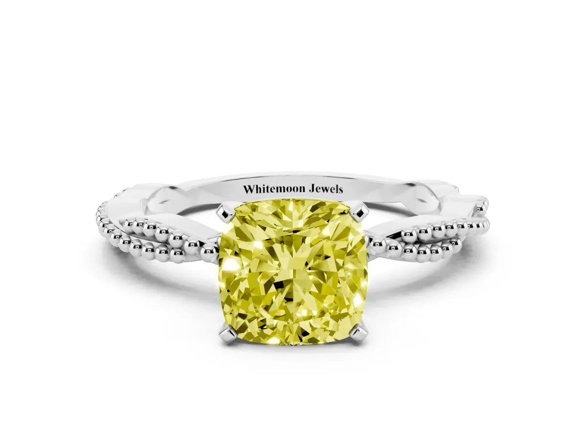 Fancy Yellow Cushion Cut Solitaire Twisted Band with Bead Prong Setting Platinum