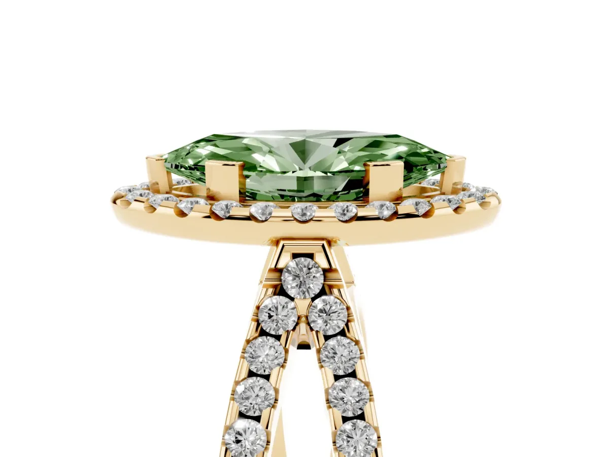 Fancy Green Marquise Cut Diamond Halo Ring with Split Shank Pavé Band and Prong Setting Yellow gold