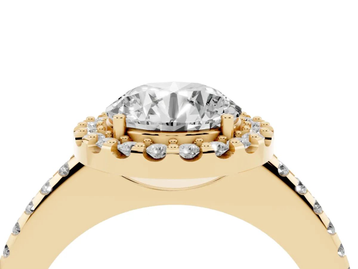 Round Cut Diamond Pavé Halo Ring with Four-Prong Setting Yellow gold