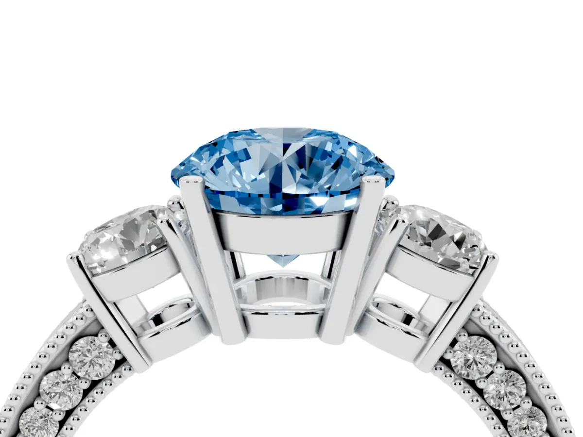 Fancy Blue Round Cut Three-Stone Diamond Ring with Pavé Band and Four-Prong Setting Silver