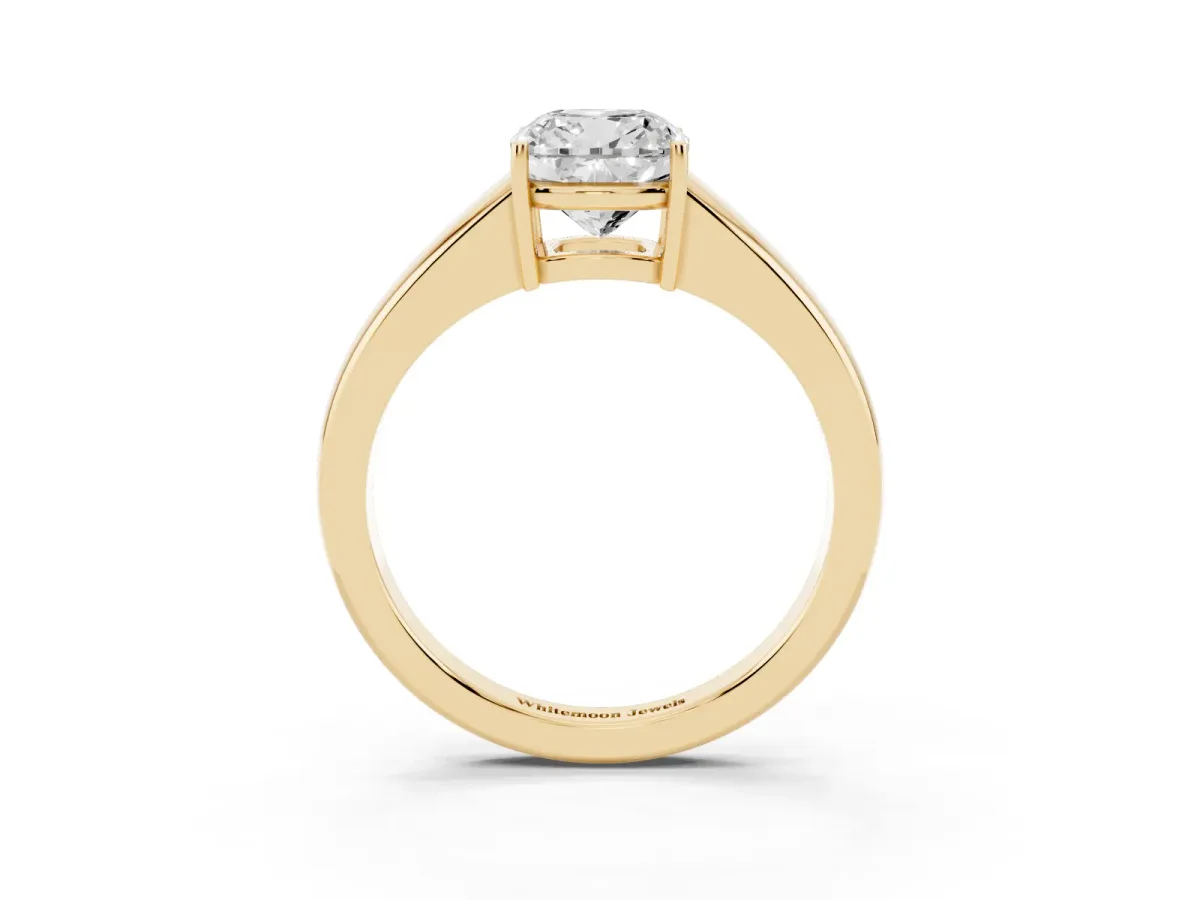 Cushion Cut Solitaire Diamond Ring with Tapered Band and Four-Prong Setting Yellow gold