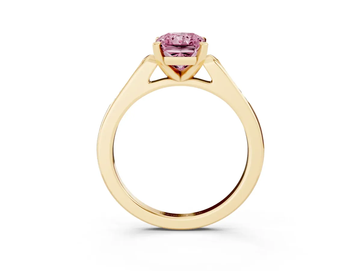 Fancy Pink Radiant Cut Diamond Solitaire Ring with Channel Set Round Band and Prong Setting Yellow gold