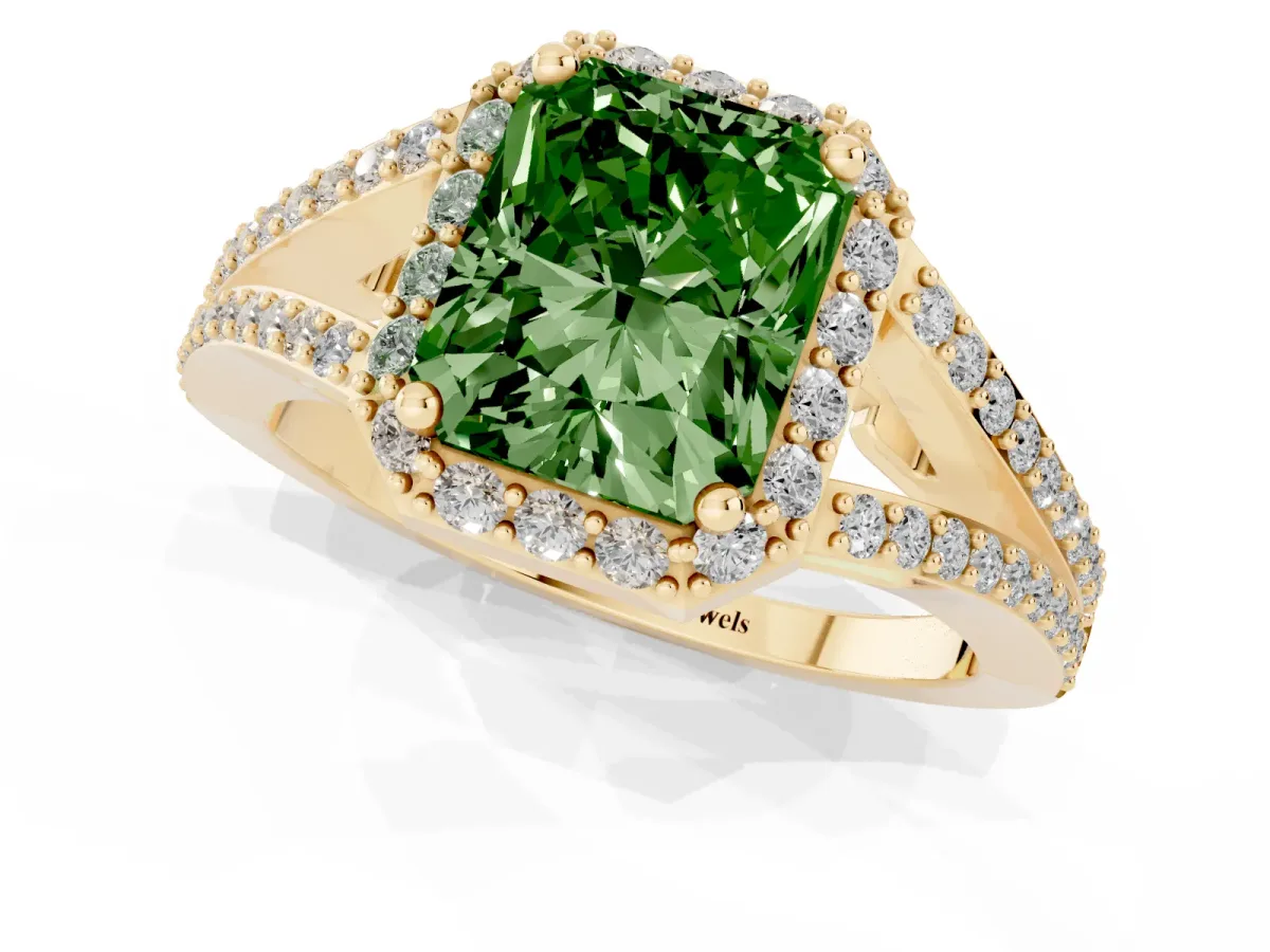 Fancy Green Radiant Cut Halo Split Shank Diamond Ring with Prong Setting Yellow gold