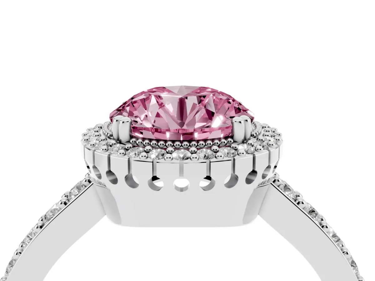 Fancy Pink Round Cut Cut Diamond Halo Engagement Ring with Milgrain Detail and Pavé Band Silver