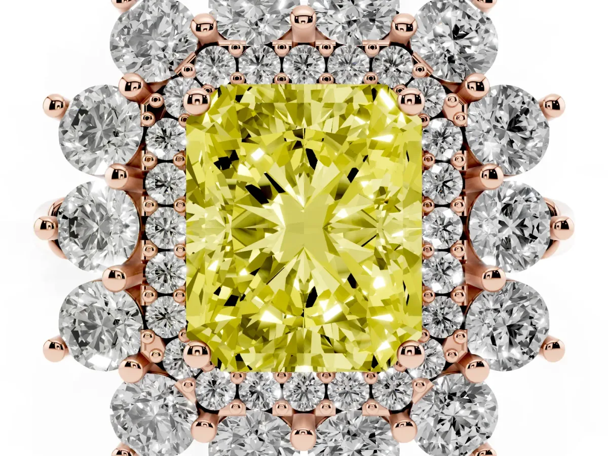 Fancy Yellow Radiant Cut Diamond Floral Double Halo Engagement Ring with Prong Setting Rose gold