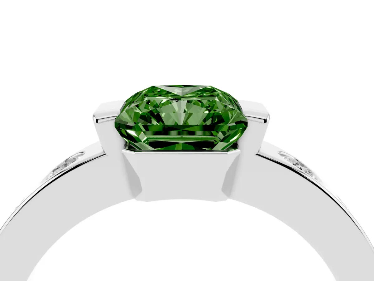 Fancy Green Radiant Cut Brilliant Channel-Set Diamond Ring with Bezel Prong Setting Silver