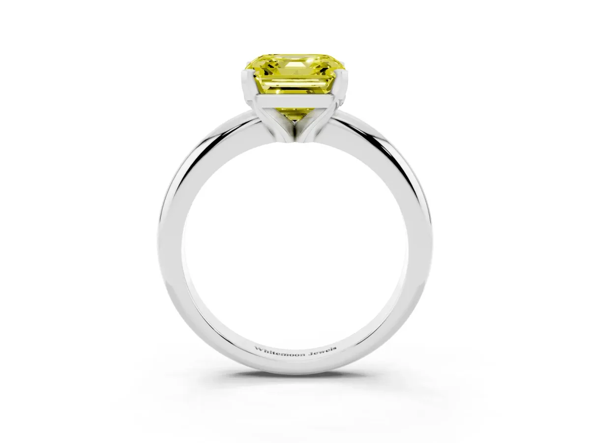 Fancy Yellow Asscher Cut Diamond Solitaire Engagement Ring with Round Band and Four-Prong Setting Silver